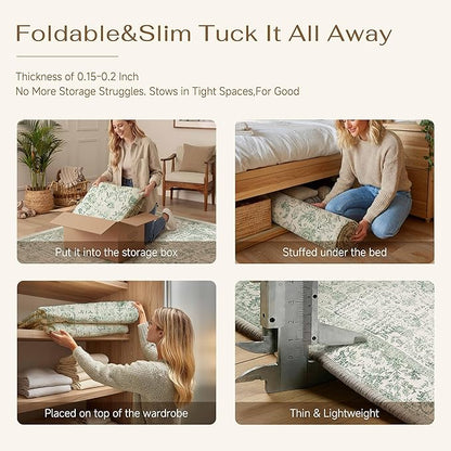 PureCozy Runner Rug 2x6 Sage Green Hallway Washable Vintage Distressed Kitchen Carpet Non Slip Neutral Low Pile Retro Floral Farmhouse Long Throw Rug Entryway Bathroom Office Laundry Dining Room