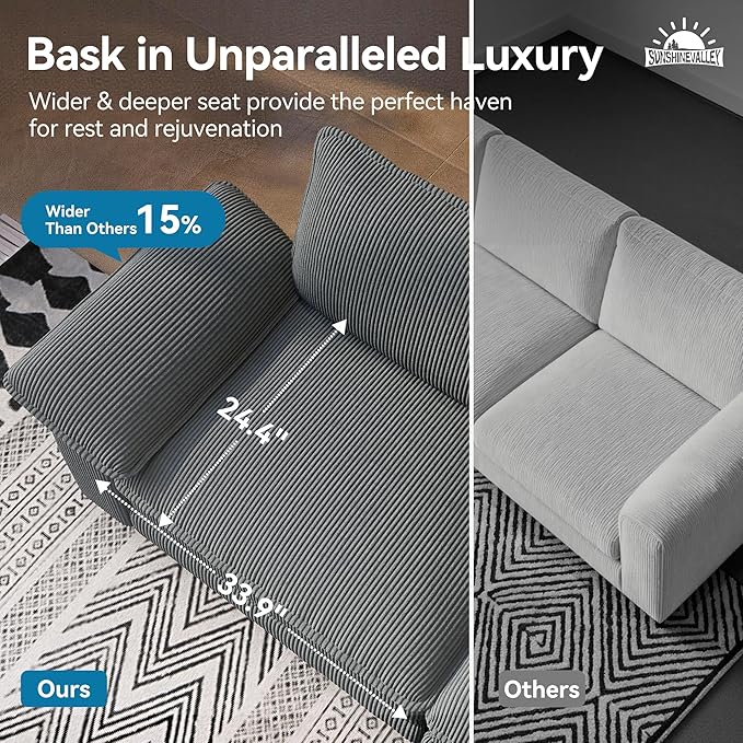 SUNSHINE VALLEY L Shaped Modular Cloud Couch, 157.5'' Oversized Corduroy Sectional Sofa with Wider Armrest and Ottoman, Upholstered 5-Seat Modern Deep Seat for Bedroom Living Room, Grey