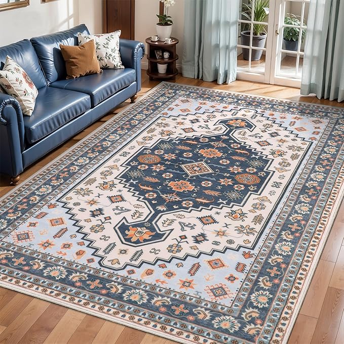 Tangsoo Washable 5x7 Area Rug for Living Room,Vintage Large Rugs Print Distressed Floral Carpet,Blue Beige Low Pile Foldable Floor Rug for Bedroom Dining Room Home Office Decor