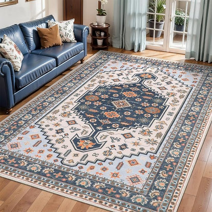 Tangsoo Washable 5x7 Area Rug for Living Room,Vintage Large Rugs Print Distressed Floral Carpet,Blue Beige Low Pile Foldable Floor Rug for Bedroom Dining Room Home Office Decor