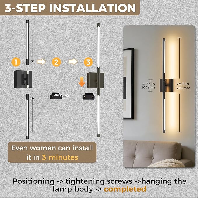 DORESshop Battery Operated Wall Sconces Set of 2, Dimmable Battery Wall Sconce with Remote Control, Black 350°Rotate Rechargeable Sconces, 29 Inch Wireless Wall Lights for Bedroom, Living Room