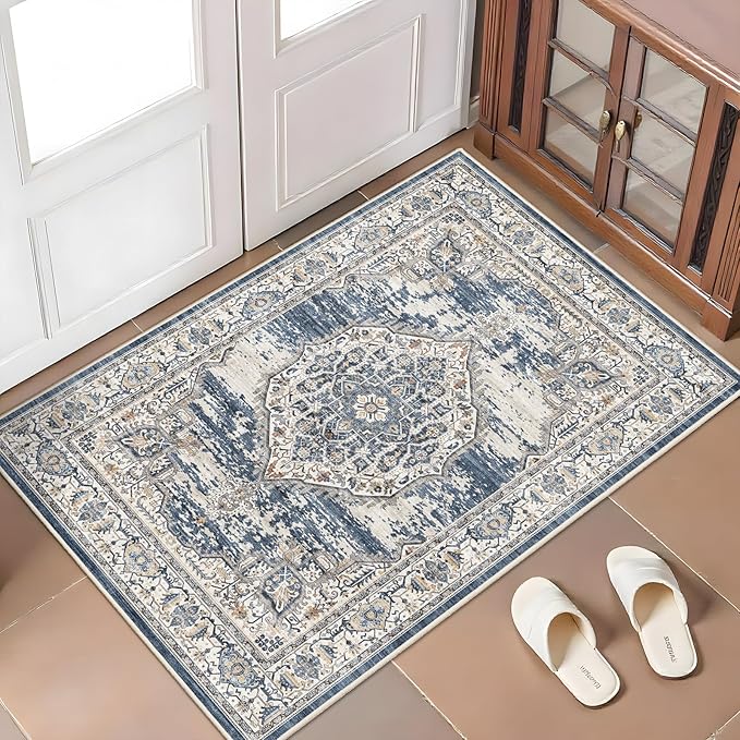 Washable Area Rugs 2x3 Entryway: Soft Ultra Thin Low Pile Mat Machine Washable Indoor Doormat Lightweight Entry Rug Anti Slip Backing Rugs for Living Room Bedroom Kitchen 2'x3' Blue