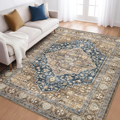 6x8 Area Rug Living Room: Washable Boho Large Neutral Vintage Soft Rugs Stain Resistant Farmhouse Non-Slip Indoor Floor Carpet for Bedroom Nursery Kids Office Dining Room Playroom- Yellow Blue