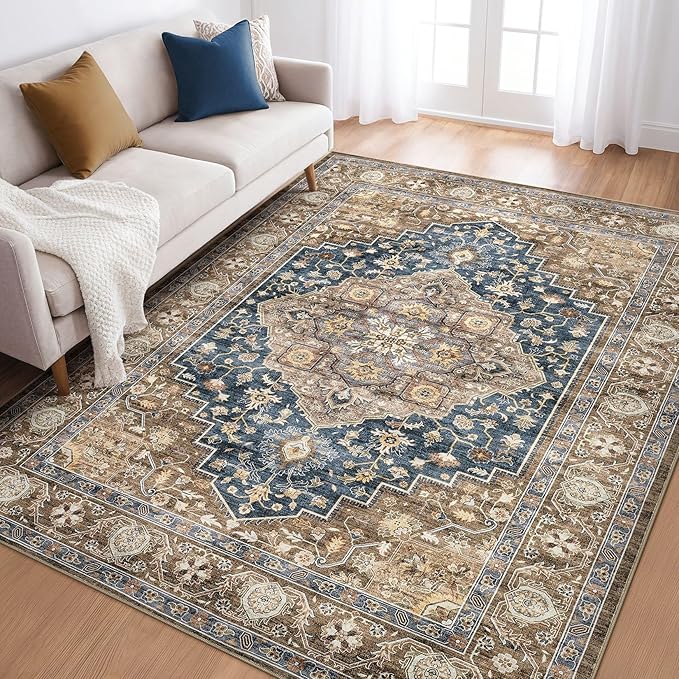 5x8 Area Rug Living Room: Washable Boho Large Neutral Vintage Soft Rugs Stain Resistant Farmhouse Non-Slip Indoor Floor Carpet for Bedroom Nursery Kids Office Dining Room Playroom- Yellow Blue