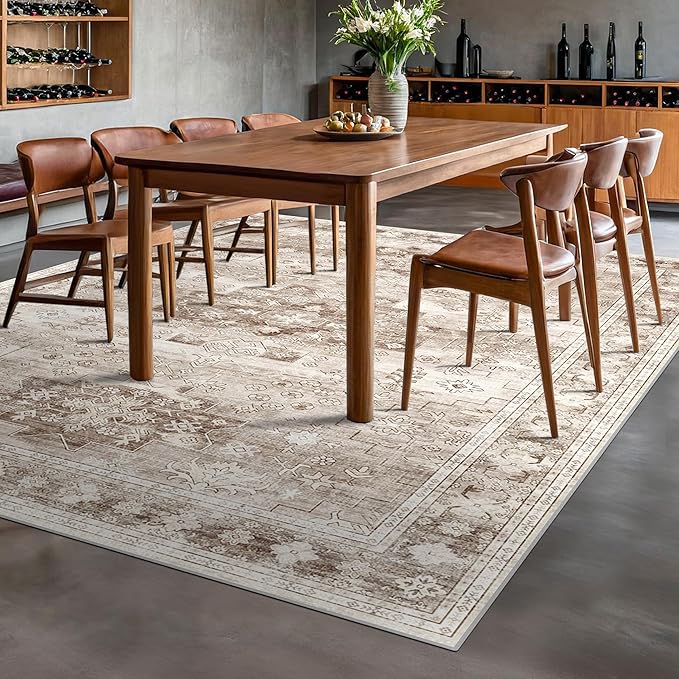 Beige Boho Rug for Living Room 8x12 - Washable Dining Room Rugs for Under Table, Vintage Low Pile Carpet for Bedroom, Non-Slip Farmhouse Large Thin Carpet for High Traffic Area (8x12 Beige/Latte)