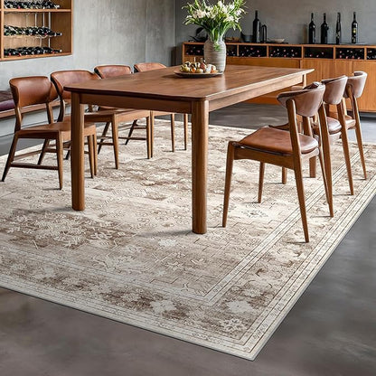 Beige Boho Rug for Living Room 8x12 - Washable Dining Room Rugs for Under Table, Vintage Low Pile Carpet for Bedroom, Non-Slip Farmhouse Large Thin Carpet for High Traffic Area (8x12 Beige/Latte)