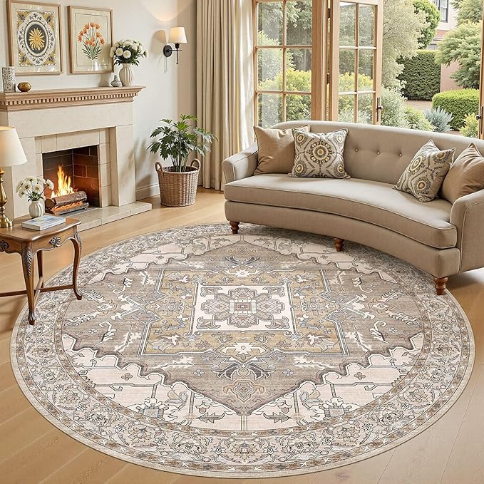 8ft Round Rug for Living Room: 8x8 Washable Vintage Brown Area Rug, Large Non Slip Soft Stain Resistant Indoor Floor Carpet for Bedroom Dining Decor Home Office Kid & Pet Friendly