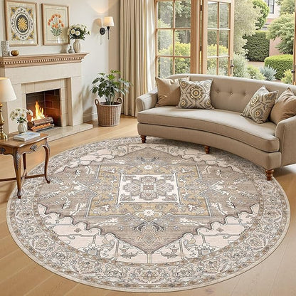 8ft Round Rug for Living Room: 8x8 Washable Vintage Brown Area Rug, Large Non Slip Soft Stain Resistant Indoor Floor Carpet for Bedroom Dining Decor Home Office Kid & Pet Friendly