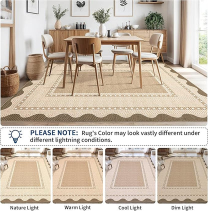 GarveeHome Modern Neutral 9x12 Area Rug Large Washable Rugs for Living Room, Low Pile Non Slip Stain-Resistant Soft Carpet, Contemporary Border Pattern Floor Mats for Home Decor, Linen Color