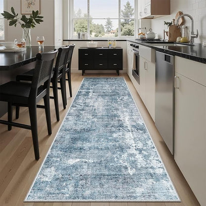 Soalmost Washable Runner Rug, 2'6" x 8' Non-Slip Kitchen Vintage Foldable Hallway Runners for Entryway, Laundry, Bedroom, Blue