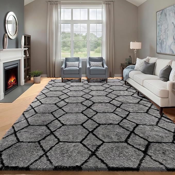 ONASAR 5x8 Area Rugs for Living Room, Fluffy Soft Grey and Black Geometric Rug for Bedroom, Shaggy Fuzzy Plush Moroccan Floor Carpet for Kids Boys Girls Teen Nursery Dorm Office Home Decor Aesthetic