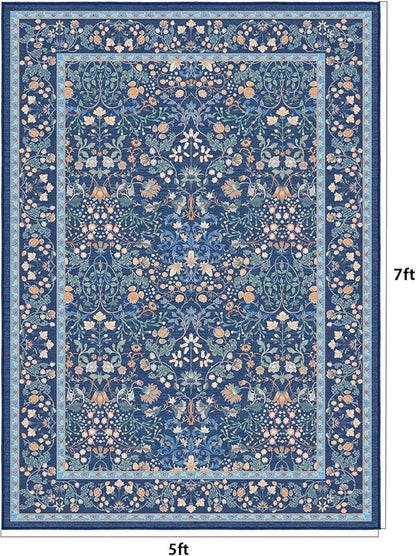 AMADA HOMEFURNISHING 5x7 Area Rug, Washable Living Room Rug with Non-Slip Backing, Low Pile and Durable Edge Binding, Vintage Soft Floral Rugs for Living Room, Bedroom, Dining Room