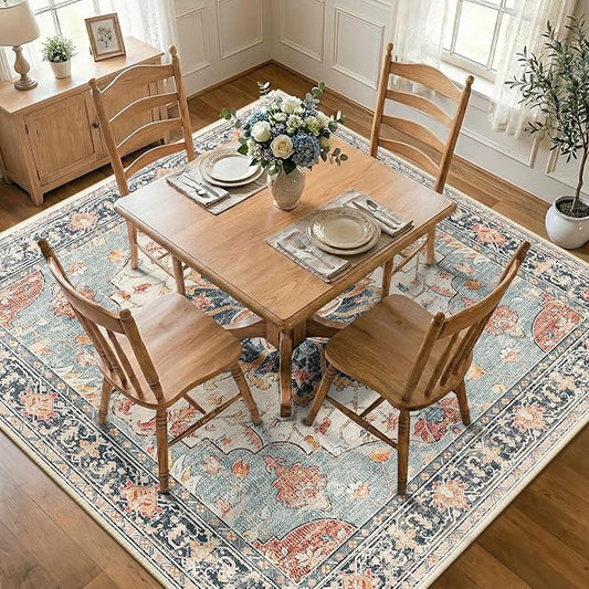 RELEANY Area Rugs Square 7ft Washable Non-Slip, Floral Vintage Distress Print Pattern Medallion Carpet for Living Room Bedroom Dining Room, Beige Navy Blue Orange Colorful