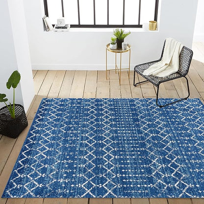 JONATHAN Y Boho Vintage Diamond Blue/White Indoor Area Rug 3X5 ft, Moroccan Hype for Living Room, Bedroom, Kitchen, Office, Easy-Cleaning, High Traffic, Pet-Friendly, Non-Shedding (MOH101A-3)