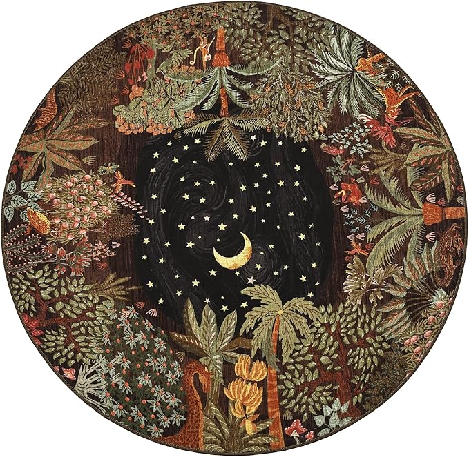 GarveeHome Round Area Rugs 4ft for Kids Room, Brown Jungle Washable Circle Rug Soft Non Slip Forest Animal Print Floor Mat Tiger Carpet Indoor Thin Tent Rug for Bedroom Dining Room Playroom Nursery