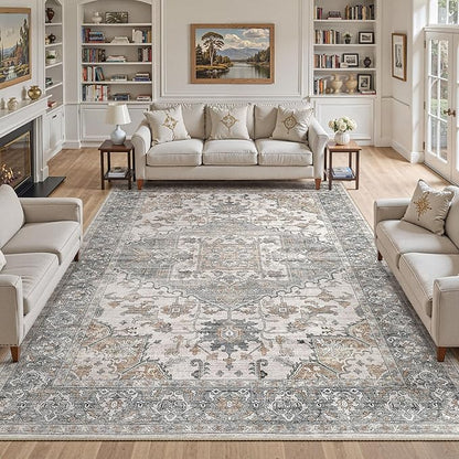 10x14 Washable Area Rugs for Living Room: Non Slip Vintage Gray Brown Rug, Large Soft Stain Resistant Indoor Floor Carpets for Bedroom Dining Room Nursery Home Office Kid & Pet Friendly