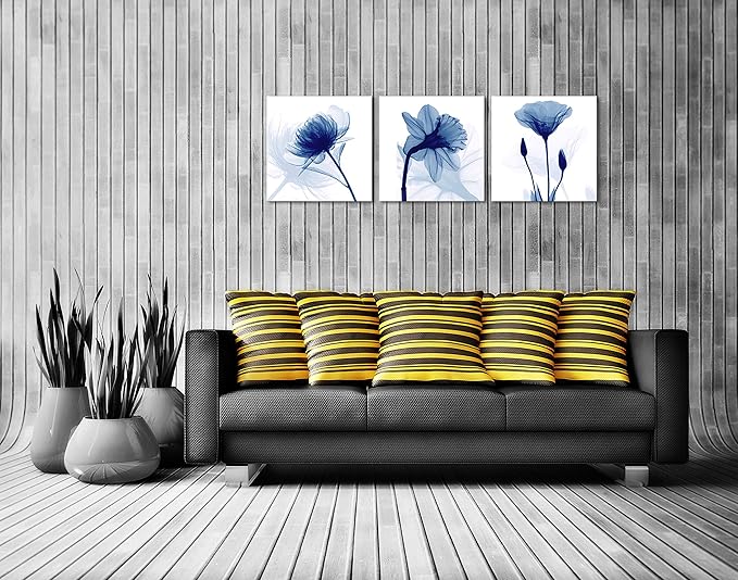 Wieco Art Blue Abstract Flowers 3 Panels Canvas Prints Wall Art Modern Pictures Artwork for Living Room Bedroom and Home Decorations