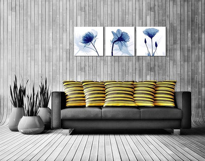 Wieco Art Blue Abstract Flowers 3 Panels Canvas Prints Wall Art Modern Pictures Artwork for Living Room Bedroom and Home Decorations
