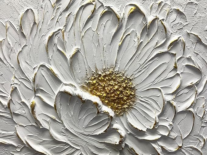 Boiee Art,30x45Inch Hand Painted Textured White Flower Oil Painting On Canvas Gold Acrylic Wall Art Abstract Landscape Paintings Stretched and Framed Ready to Hang