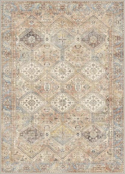 Bavni 8x10 Area Rug Washable Rug for Living Room Bedroom, Vintage Print Carpet, Low Pile Lightweight Mat with Non Slip Backing, Pale Warm Yellow
