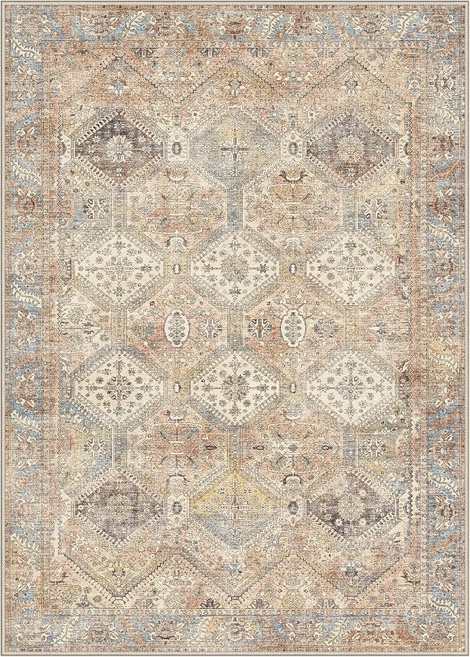 Bavni 9x12 Area Rug Washable Rug for Living Room Bedroom, Vintage Print Carpet, Low Pile Lightweight Mat with Non Slip Backing, Pale Warm Yellow