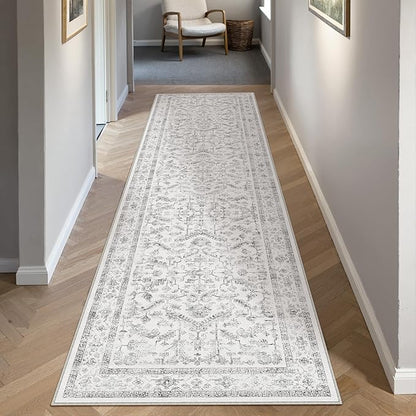 PureCozy Grey 2x6 Runner Rug Vintage Area Carpet Hallway Indoor Kitchen Washable Low Pile Traditional Distressed Retro Accent Throw Rug Non Slip for Laundry Bathroom Office