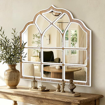 36x36 Inch Window Pane Wall Mirror, Farmhouse Gothic Arched Mirror, Rustic Decorative Cathedral Mirror for Living Room Entryway Home Decor