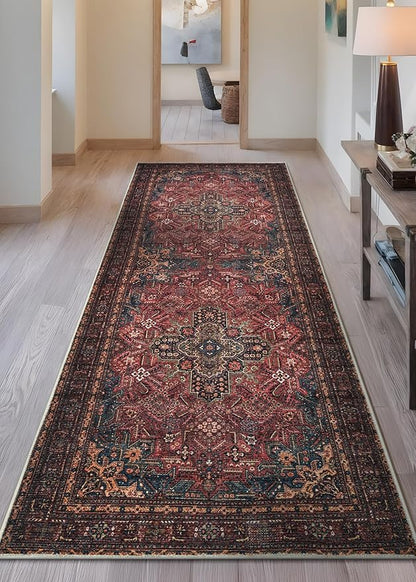 Bloom Rugs Washable Non-Slip 12 ft Runner - Red/Teal Blue/Yellow Traditional Medallion Runner for Entryway, Hallway, Bathroom, and Kitchen - Exact Size: 2.5' x 12'