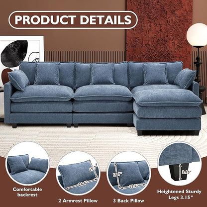 Ihanherry 111.4" L Shaped Cloud Sofa with Ottoman Modular Sectional Modern Couch, 4-Seat Chenille Deep Seat Sofa with Pillow for Living Room, Bedroom and Apartment, Blue