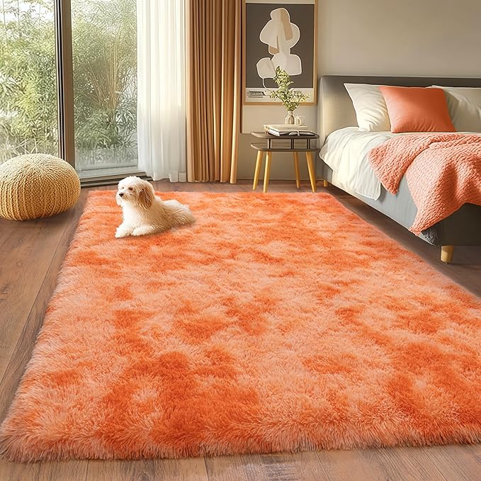 4x5.9 Ft Tie-Dyed Orange Area Rugs for Bedroom, Fluffy Shag Rug for Living Room Girls Room Dorm Soft and Comfy Upgrade Non Slip