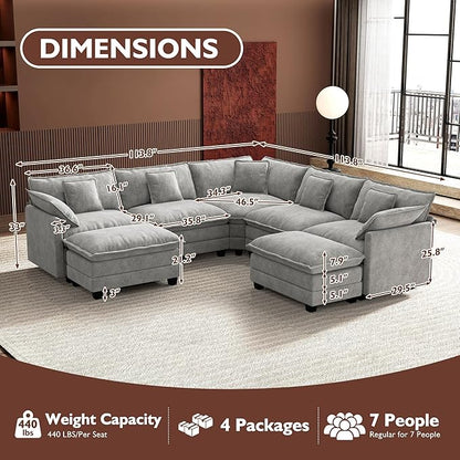 Ihanherry 114" V-Shaped Modern Sofa Modular Sectional Cloud Couch with 2 Ottoman, 7-Seat Chenille Deep Seat Sofa with Corner Section for Living Room, Bedroom and Apartment, Grey