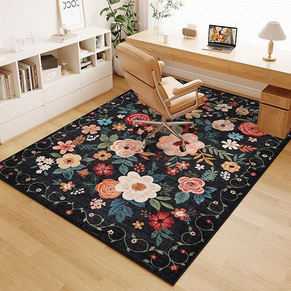 DUKINO 6x9 Area Rug, Floral Rugs for Living Room, Lightweight Non Slip Washable Indoor Low Pile & Non-Shedding Boho Design Carpet for Bedroom, Living Room, Dining Room, Black