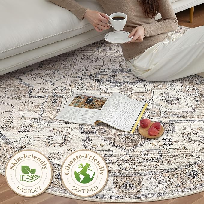 6x6 Round Area Rugs Washable Vintage - Soft Traditional Rugs for Living Room Large Non Slip Backing with Low Pile Farmhouse Oriental Retro Carpet for Bedroom Dining Room or Home Office - Tea Brown