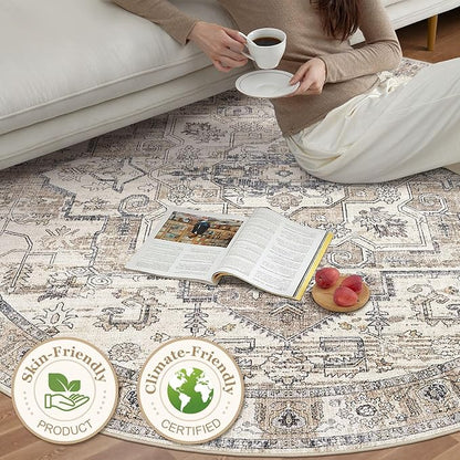 6x6 Round Area Rugs Washable Vintage - Soft Traditional Rugs for Living Room Large Non Slip Backing with Low Pile Farmhouse Oriental Retro Carpet for Bedroom Dining Room or Home Office - Tea Brown