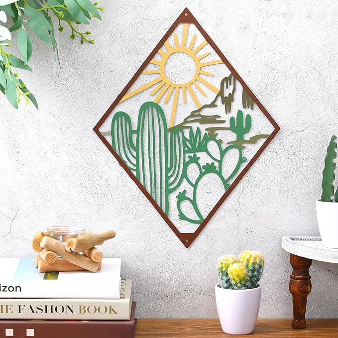 Therwen Metal Cactus Wall Decor Natural Themed Metal Wall Art Plant Modern summer Cactus Decor for Office Home Living Room Bathroom Housewarming(Classic,Colorful)