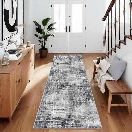 Grey Runner Rugs for Hallway: Abstract Washable Runner Rug 2x6 for Entryway Kitchen Bedroom Bathroom - Modern Cozy Home Decor Long Carpet Mat Stain-Resistant - Dark Grey