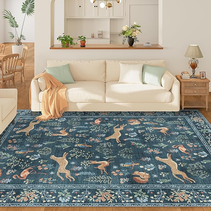DUKINO 5x7 Rug, Washable Animal Living Room Rug with Non Slip Vintage Design, Soft Low Pile Large Carpet for Bedroom, Nursery, Dining Room, Farmhouse, Playroom, Blue