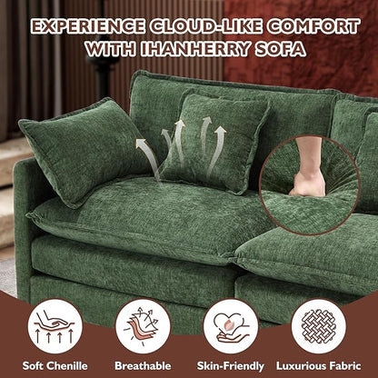 Ihanherry 146" U-Shaped Modern Sofa Modular Sectional Cloud Couch with 2 Ottoman, 6-Seat Chenille Deep Seat Sofa with 6 Pillows for Living Room, Bedroom and Apartment, Green