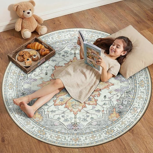 RELEANY Area Rugs Round 4ft Washable Non-Slip, Floral Vintage Distress Print Pattern Medallion Carpet for Living Room Bedroom Dining Room, Light Yellow Carbon Grey Orange