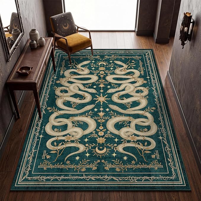 Garvee Snake Gothic Washable Rug 5x7 Dark Whimsical Moody Witchy Unique Soft Thin Carpet for Living Room Bedroom Playroom Indoor Decor Low Pile TPE Backing Blue Green