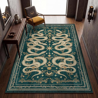Garvee Snake Gothic Washable Rug 5x7 Dark Whimsical Moody Witchy Unique Soft Thin Carpet for Living Room Bedroom Playroom Indoor Decor Low Pile TPE Backing Blue Green