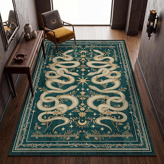 Garvee Snake Gothic Washable Rug 5x7 Dark Whimsical Moody Witchy Unique Soft Thin Carpet for Living Room Bedroom Playroom Indoor Decor Low Pile TPE Backing Blue Green