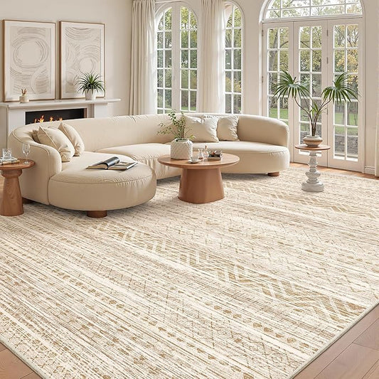 Miukiki 10x14 Area Rugs for Living Room Moroccan Washable Rugs Non Slip Indoor Floor Carpet Foldable Large Soft Area Rug with Low Pile for Dining Room Bedroom Office(Beige,10'x14')