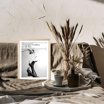 Framed Newspaper Wall Art, Champagne Problems Poster Black and White Vintage Aesthetic Canvas Print Picture, Fashion Glam High Heels Cocktail Glass Wall Decor for Bar Apartment Girls Room 12x16 inch