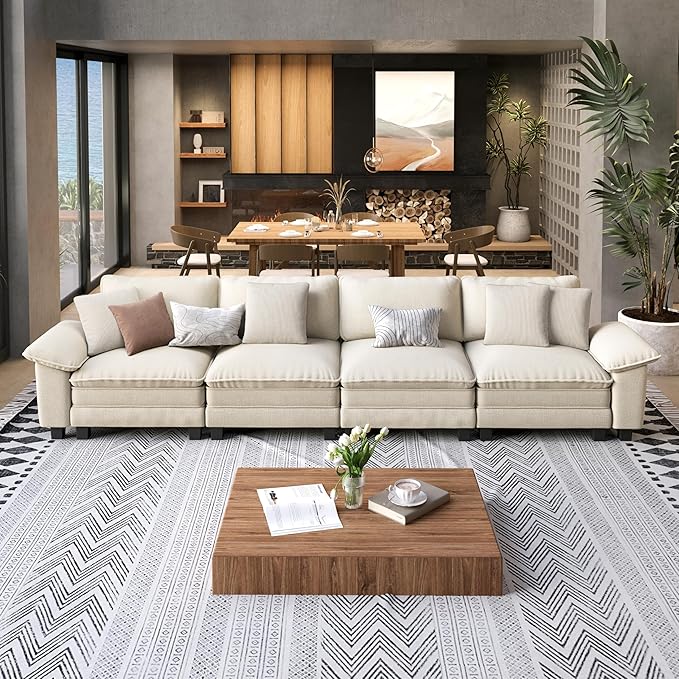 SUNSHINE VALLEY 4 Seat Modular Sofa, 157.5'' Oversized Modern Chenille Sectional Couch with Removable Armrest and Pillow, Upholstered Cloud Deep Seat Sofa for Living Room, Beige
