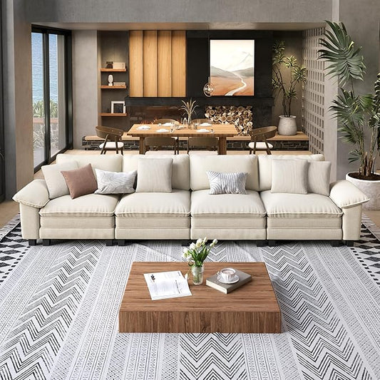 SUNSHINE VALLEY 4 Seat Modular Sofa, 157.5'' Oversized Modern Chenille Sectional Couch with Removable Armrest and Pillow, Upholstered Cloud Deep Seat Sofa for Living Room, Beige