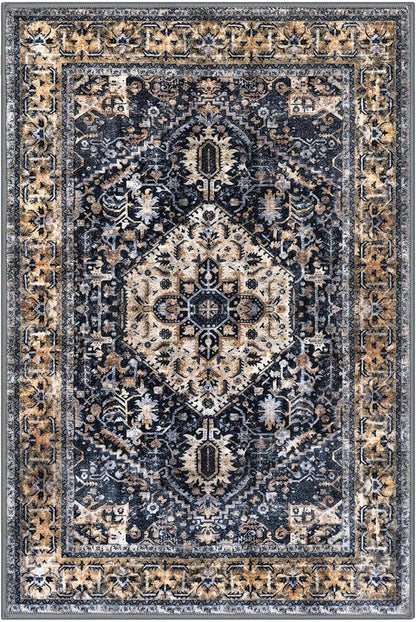 KOZYFLY Boho Area Rug 9x12 Ft Thin Rugs for Living Room Washable Bedroom Rug Non Slip Rugs for Living Room Gold/Orange/Navy Printed Faux Wool Vintage Bedroom Rug Floor Carpet