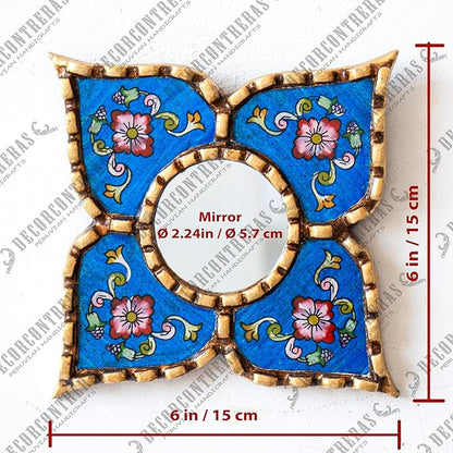 Peruvian Painted Glass Mirror with Bronze Leaf Framed - Handmade Diamond Mirror 6in for Gallery wall (Blue)