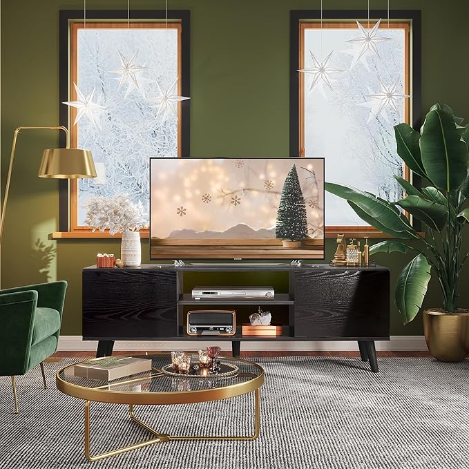 WLIVE Mid-Century Modern TV Stand for 55/60 Inch TV, Entertainment Center with Storage & Adjustable Shelves, Media Console with Soft-Close Cabinets for Living Room/Bedroom, Black