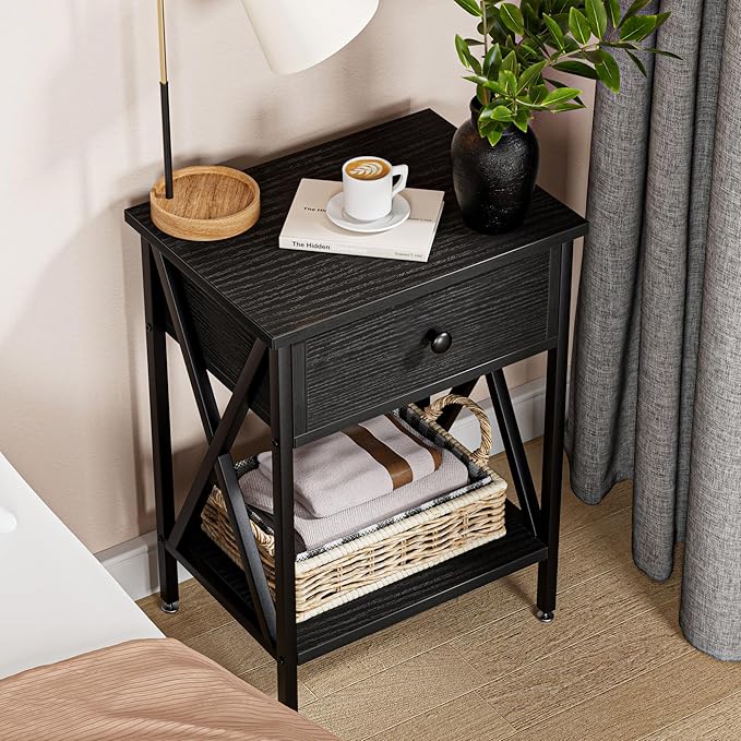 VECELO Nightstand,Modern Bedside End Table, Night Stand with Drawer and Storage Shelf for Living Room Bedroom, Industrial Metal Frame